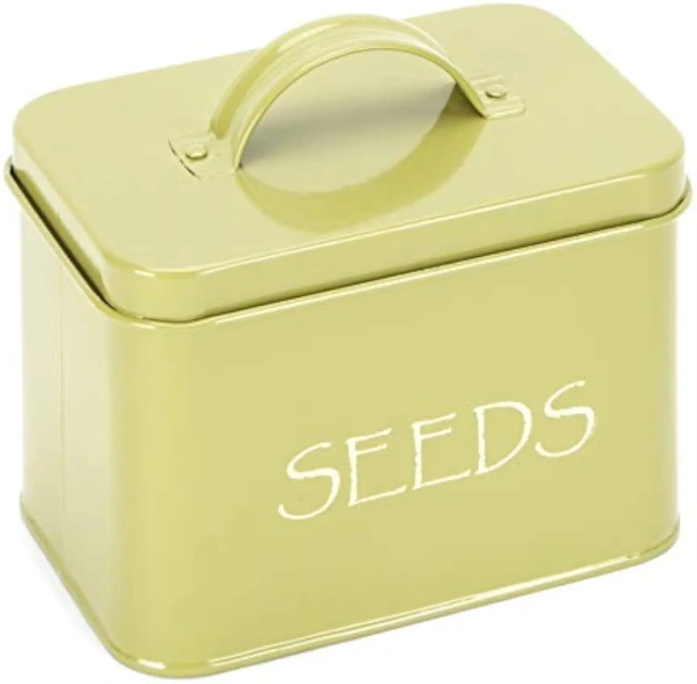 Seed Storage Box Organizer in Green. Compact Seed Packet Container with Lid