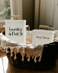 2-Set Laundry Pods Container With Dryer Sheet holder Matte Cream Large Metal Laundry Pod Container & Dryer Sheets Holder