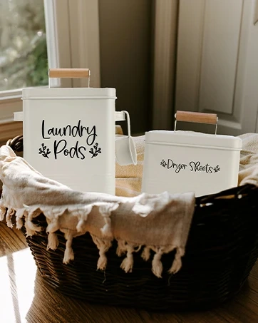 2-Set Laundry Pods Container With Dryer Sheet holder Matte Cream Large Metal Laundry Pod Container & Dryer Sheets Holder