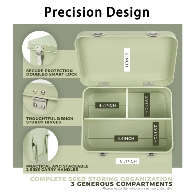 Metal Seed Storage Box Seeds Packet Container for Gardening Seed Envelope Storage Box with Portable Handle & Safety Lock