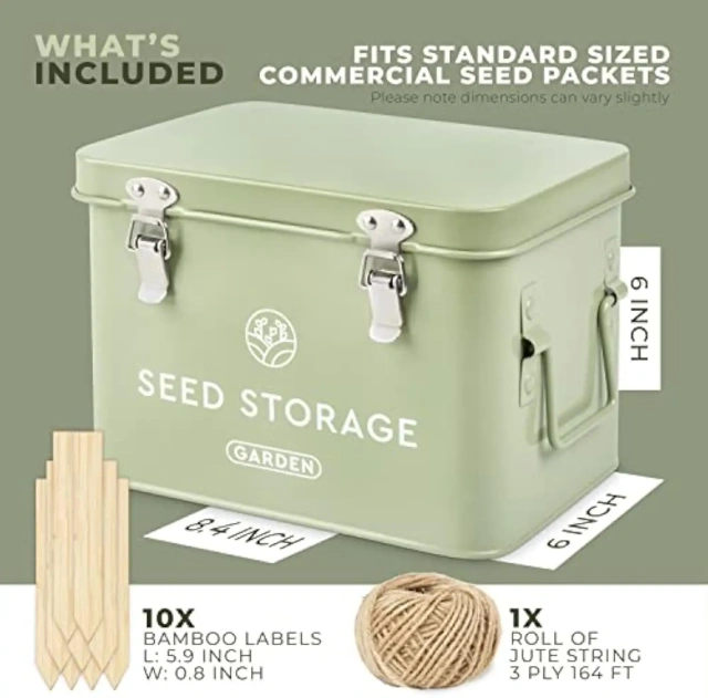 Metal Seed Packet Organizer with Garden String and Bamboo Plant Labels Seed Container Seed Storage Box