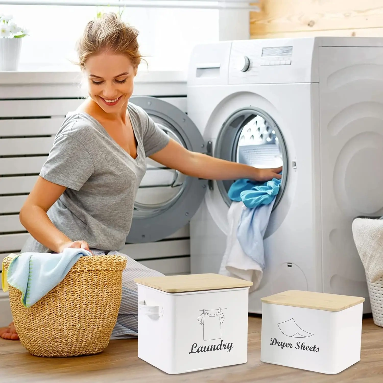 Set of Laundry Powder Bin & Dryer Sheets Holder Laundry Detergent Powder Storage Box