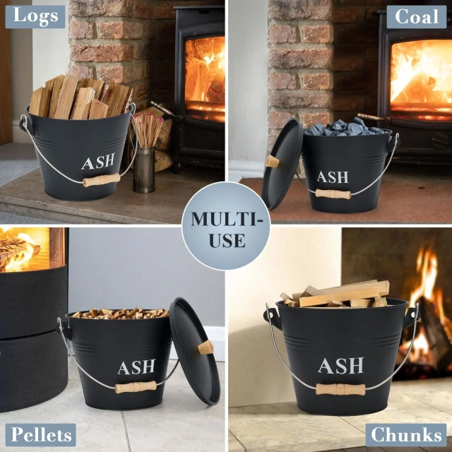 Factory Custom Fireplace Container Coal Storage Galvanized Iron Ash Pail Ash Bucket with Lid and Handle for Fireplace