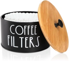 Rustic Coffee Filter Storage Container with Bamboo Lid Metal Coffee Filter Dispenser Pod Organizer Basket Coffee Filter Holder