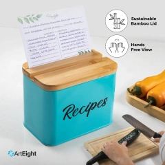 工厂定制铁质储物盒金属食谱卡夹，带竹盖食谱金属盒，带卡片和隔板