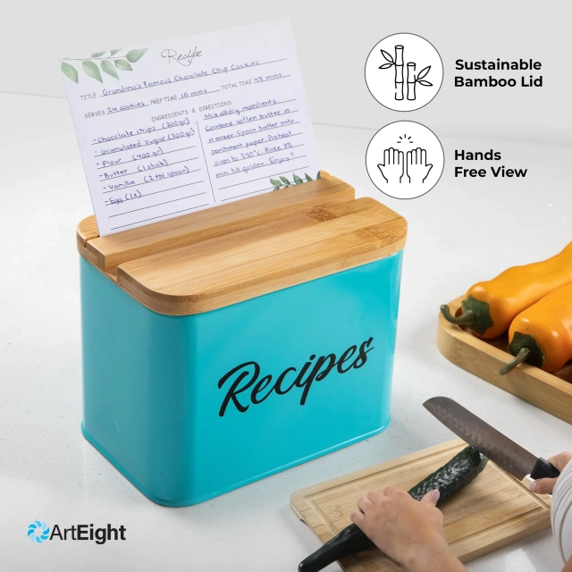 工厂定制铁质储物盒金属食谱卡夹，带竹盖食谱金属盒，带卡片和隔板