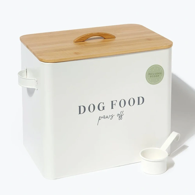 Factory Custom Metal Airtight Storage Box Pet Food Snack Container with sealed Wooden Lid for Storing Dog Food and Cat Food