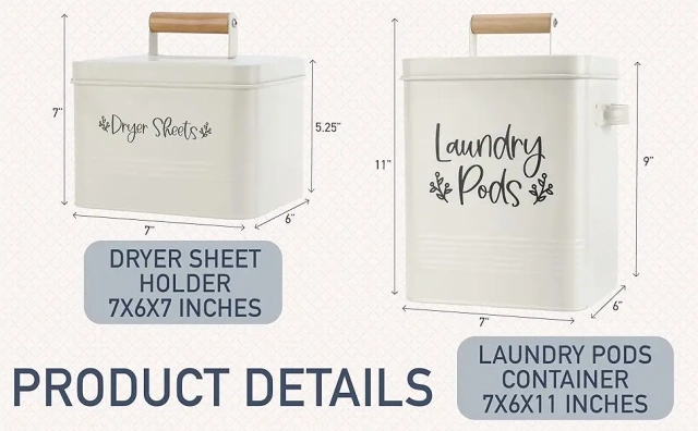 2-Set Laundry Pods Container With Dryer Sheet holder Matte Cream Large Metal Laundry Pod Container & Dryer Sheets Holder