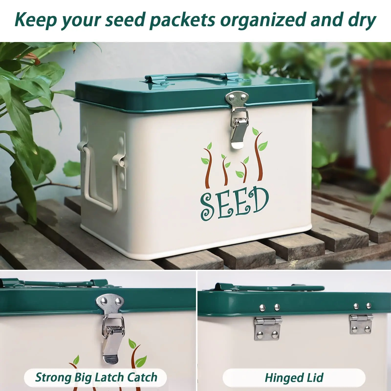 Factory Custom Galvanized Iron Metal Seed Storage Box With Side Handles and Latches