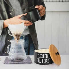 Rustic Coffee Filter Storage Container with Bamboo Lid Metal Coffee Filter Dispenser Pod Organizer Basket Coffee Filter Holder