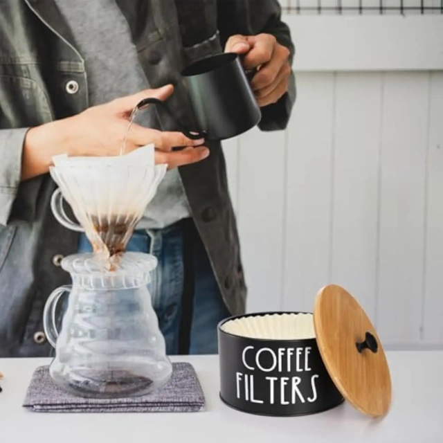 Rustic Coffee Filter Storage Container with Bamboo Lid Metal Coffee Filter Dispenser Pod Organizer Basket Coffee Filter Holder