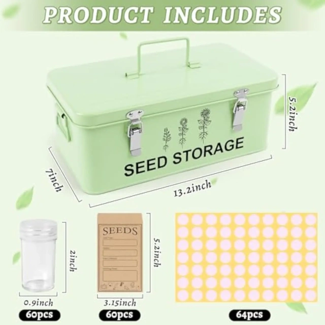 60 Slots Seed Storage Organizer, Metal Seed Saving Box with Lid and Safety Locks, Seed Bin Seed Storage Container