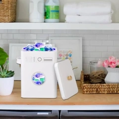 Metal Laundry Pod Container with Lift-Up Lid Wooden Handle for Laundry Room Organization, Dishwasher Pods Container