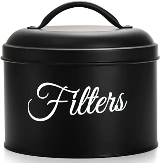 黑色搪瓷篮咖啡过滤器架储物容器带盖质朴圆形金属咖啡过滤器分配器