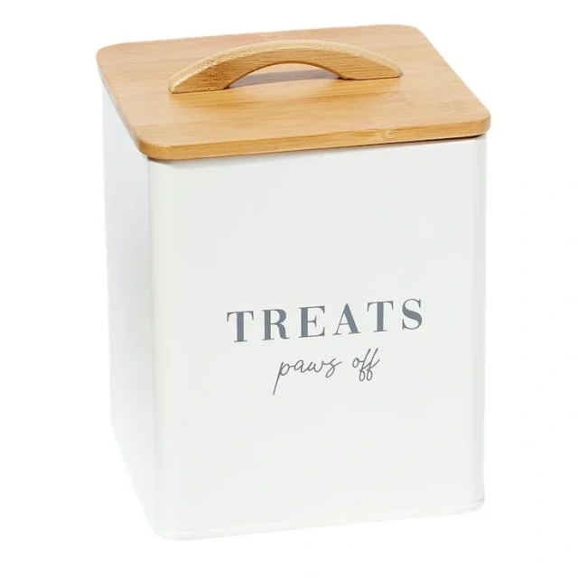 Factory Custom Metal Airtight Storage Box Pet Food Snack Container with sealed Wooden Lid for Storing Dog Food and Cat Food