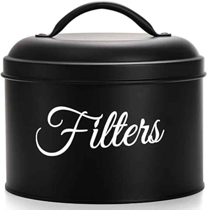 Black Coffee Filter Holder Storage Container with Lid Rustic Round Metal Coffee Filter Dispenser