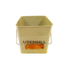 Galvanized Iron Kitchen Decor Cutlery Holder with Wooden Handle square Storage Bin 3.5L Powder Coating Metal Utensils Caddy