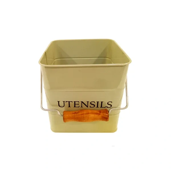 Galvanized Iron Kitchen Decor Cutlery Holder with Wooden Handle square Storage Bin 3.5L Powder Coating Metal Utensils Caddy