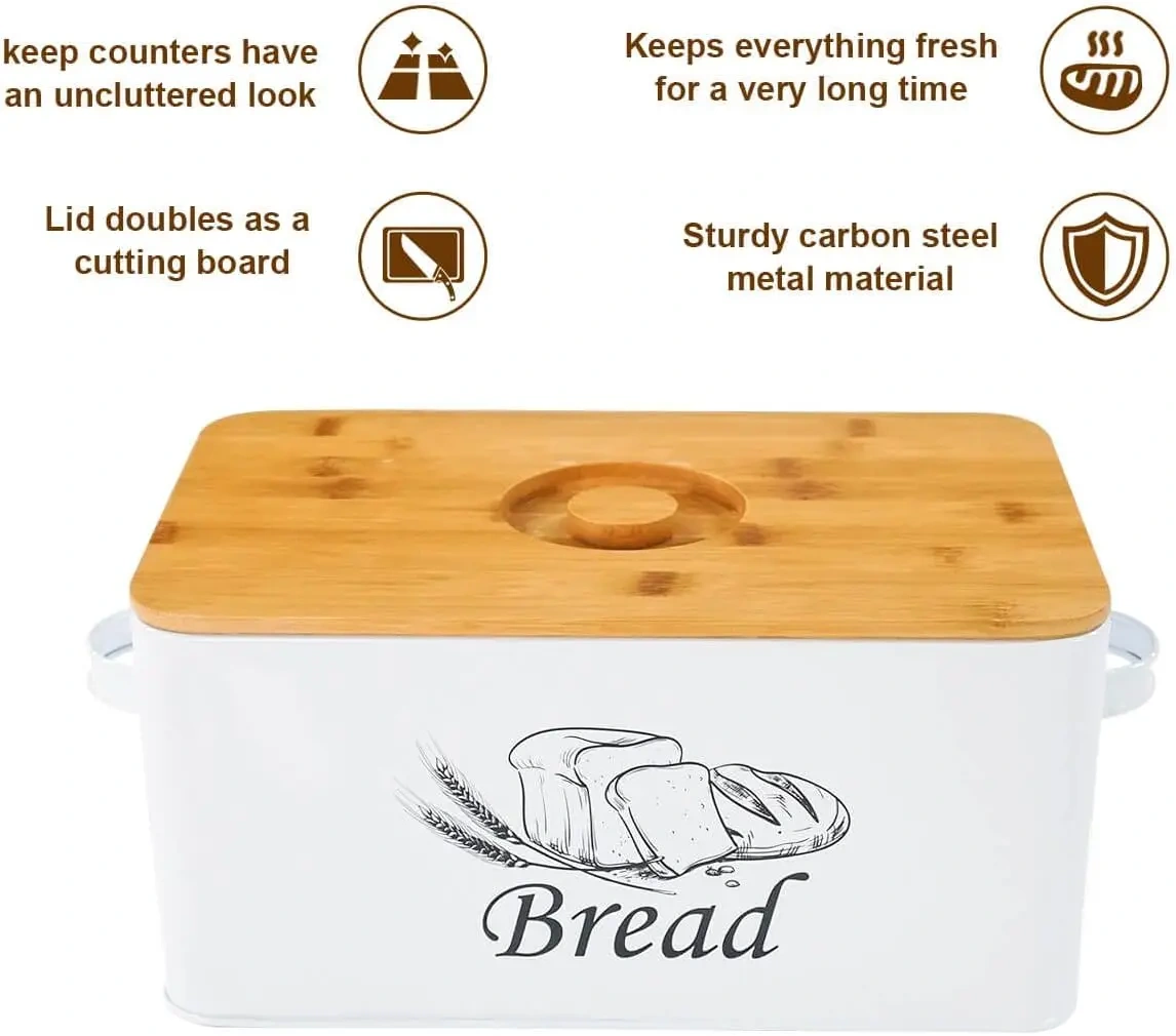 Metal Bread Box Container with Bamboo Wood Cutting Board Lid