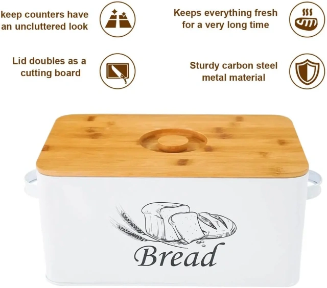 金属面包盒容器，带竹木砧板盖