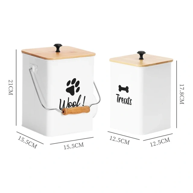 Coated Carbon Metal Storage Cat Treat Canister Dog Treat Tins Tight Fitting Wood Lids Pet Food Treats Containers Set with Scoop
