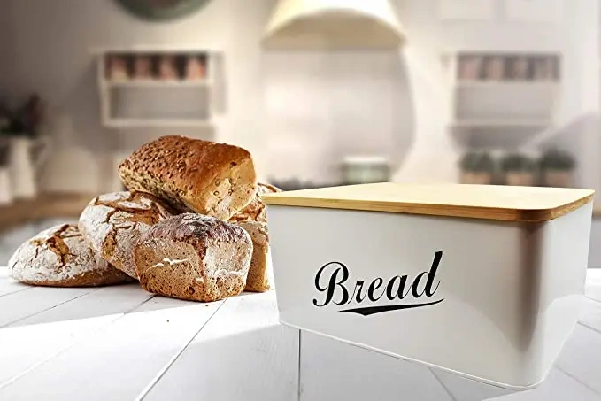 White Bread Bin Storage Box with Bamboo Lid for Kitchen Vintage Retro Design Metal Bread Box