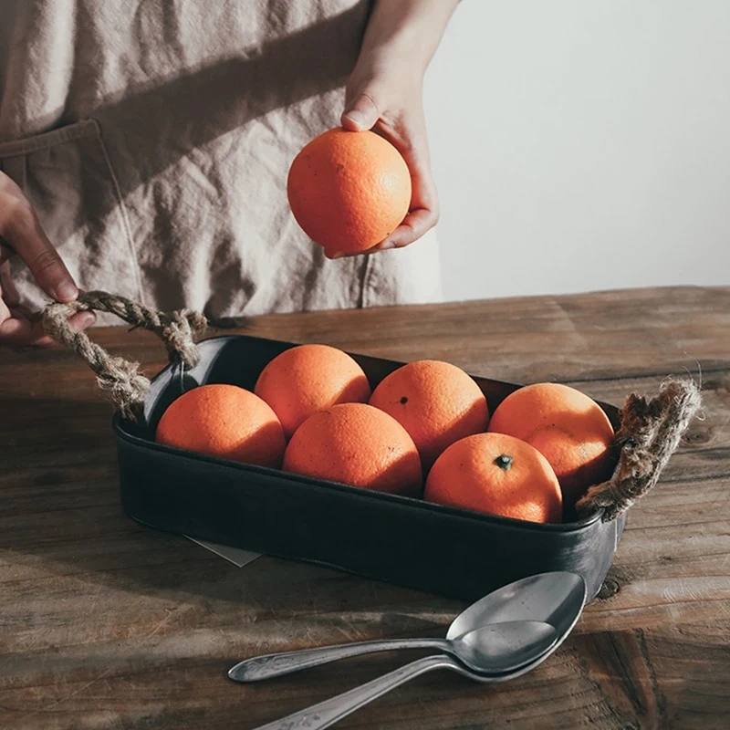 Vintage Metal Trays Country Style Rectangular Square Plate Food Bread Photography Props Retro Iron Tray with Hemp Rope Handle