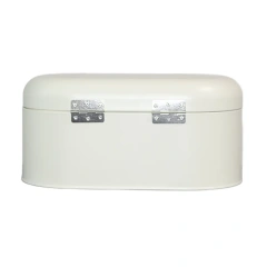 白色金属面包箱储物罐，带前开下拉门，适用于厨房柜台或架子面包盒储物容器