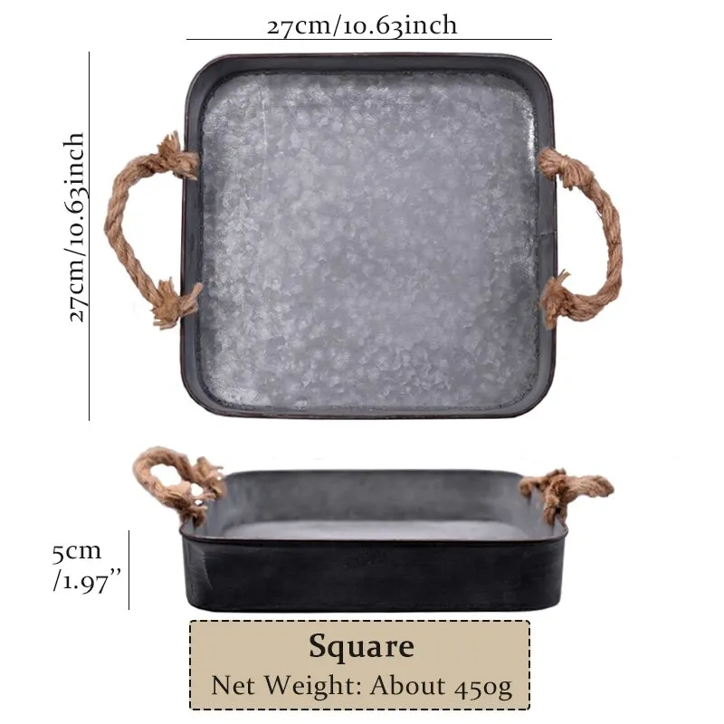Vintage Metal Trays Country Style Rectangular Square Plate Food Bread Photography Props Retro Iron Tray with Hemp Rope Handle