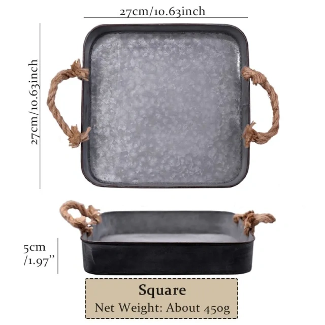 复古金属托盘乡村风格长方形盘子食物面包摄影道具复古铁托盘配麻绳手柄
