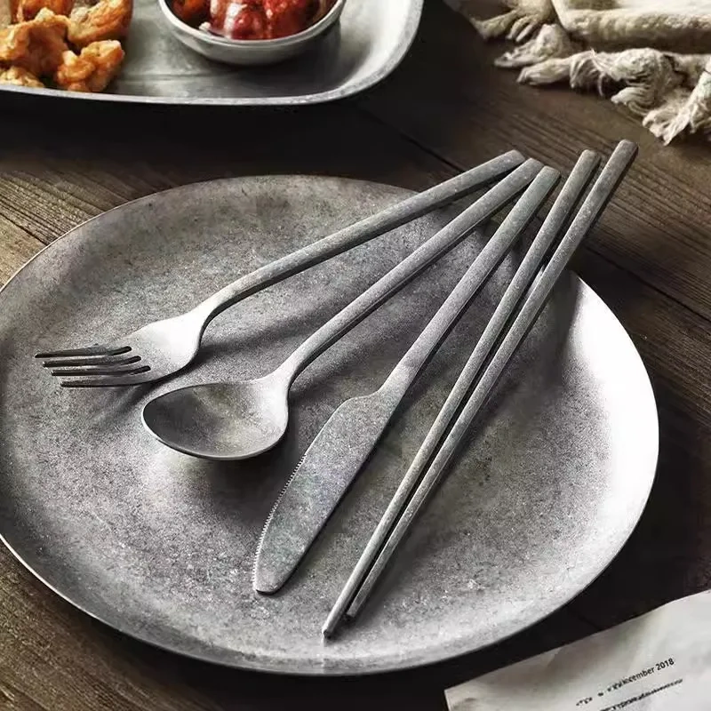 Vintage 4 Piece Stainless Steel Flatware Set Service Cutlery Set, Include Knives/Forks/Spoons/Chopstick