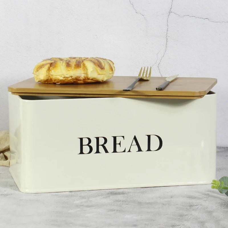 New Design Factory Outlet  Customized Packaging Box Multiple Colors Metal Bread Box Bamboo Lid