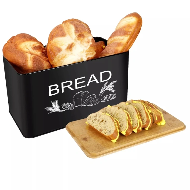 工厂定制面包盒大型厨房储物盒黑色节省空间立式金属面包盒，适用于厨房，带木盖