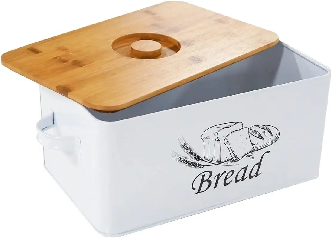 Metal Bread Box Container with Bamboo Wood Cutting Board Lid