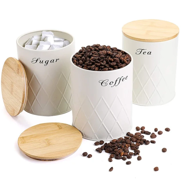 Coffee Tea Sugar Flour Metal Tin Jars Nesting Food Storage Container Set Set of 3 Kitchen Canisters with Airtight Bamboo Lids