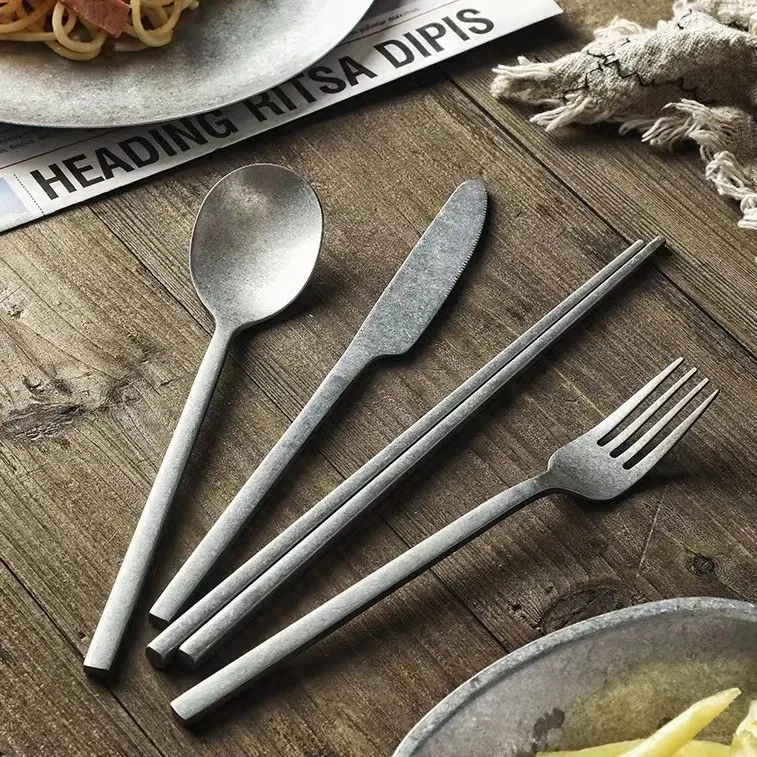 Vintage 4 Piece Stainless Steel Flatware Set Service Cutlery Set, Include Knives/Forks/Spoons/Chopstick