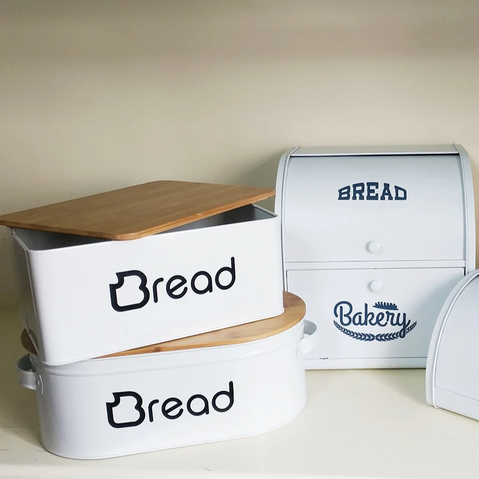 White Bread Bin Storage Box with Bamboo Lid for Kitchen Vintage Retro Design Metal Bread Box