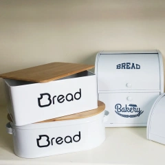 白色粉末涂层面包桶储物盒带竹盖适用于厨房复古设计金属面包盒