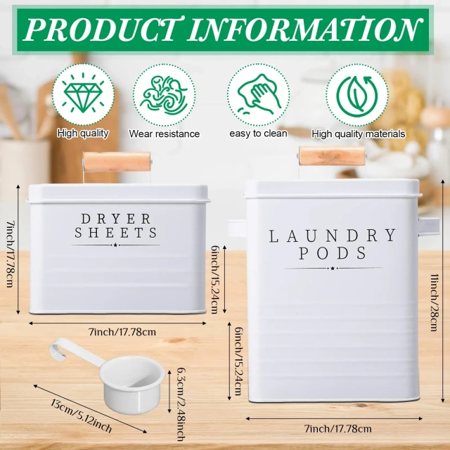 Laundry Room Storage Box with Lid Metal Laundry Dryer Sheet Dispenser 2 Pcs Laundry Pods Container with Dryer Sheet Holder