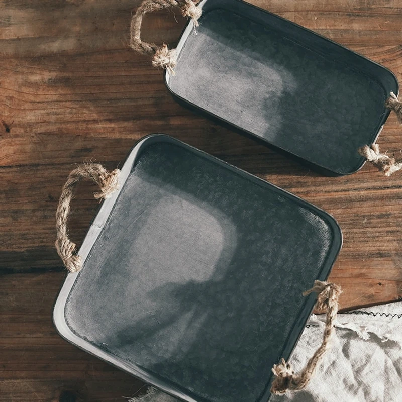 Vintage Metal Trays Country Style Rectangular Square Plate Food Bread Photography Props Retro Iron Tray with Hemp Rope Handle