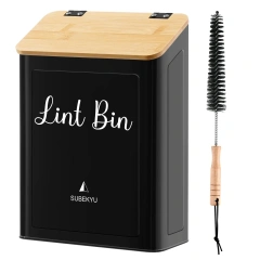 壁挂式棉绒盒支架，带盖，适用于烘干机，黑色，带竹盖，金属磁性棉绒桶，适用于洗衣房
