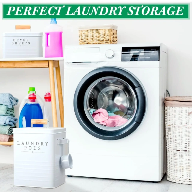 Laundry Room Storage Box with Lid Metal Laundry Dryer Sheet Dispenser 2 Pcs Laundry Pods Container with Dryer Sheet Holder