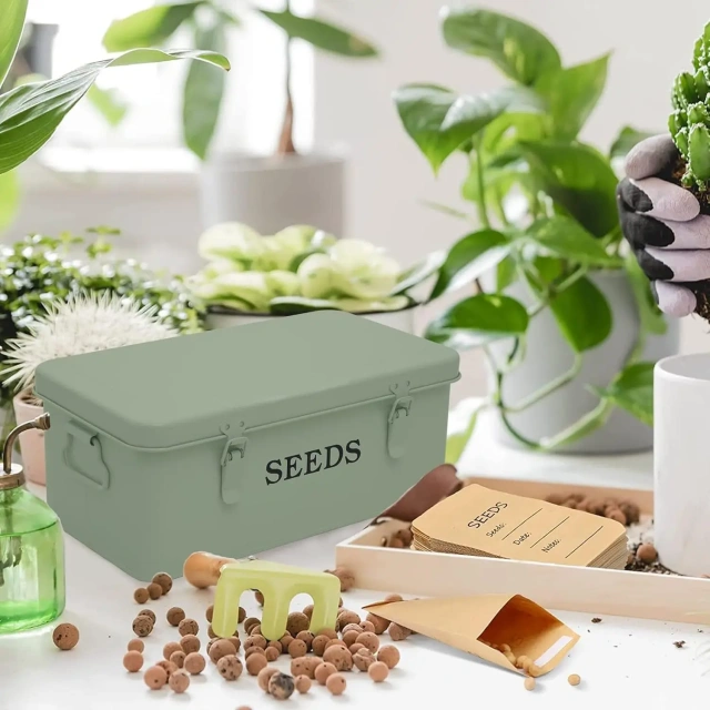 Metal Seed Bin Storage Organizer Box Seed Packet Container with Lid 4 Compartments Garden Seed Bin