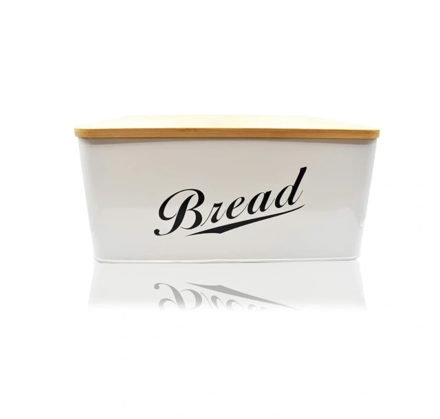 白色粉末涂层面包桶储物盒带竹盖适用于厨房复古设计金属面包盒