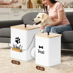 Coated Carbon Metal Storage Cat Treat Canister Dog Treat Tins Tight Fitting Wood Lids Pet Food Treats Containers Set with Scoop