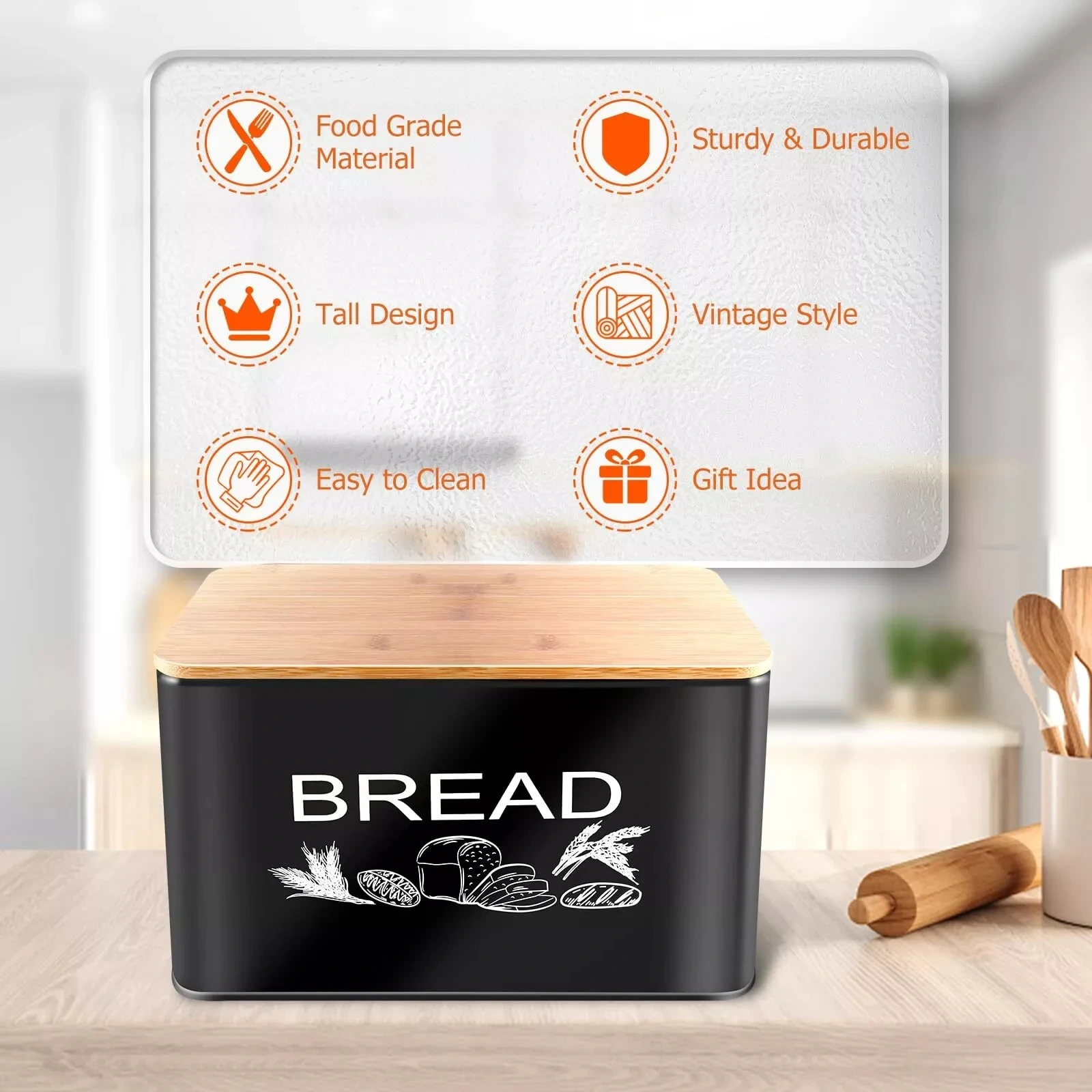 Factory Custom Bread Box Large Kitchen Storage Black Space Saving Vertical Metal Bread Box for Kitchen With Wooden Lid