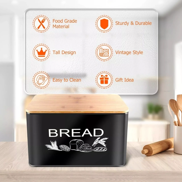 工厂定制面包盒大型厨房储物盒黑色节省空间立式金属面包盒，适用于厨房，带木盖