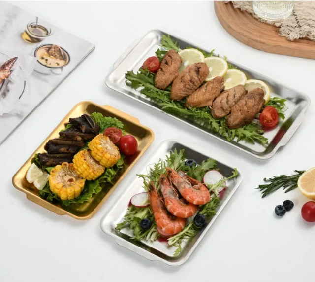 餐盘餐具托盘盘子和碗套装银色复古派对圆形鱼盘用于食物不锈钢适用于活动金属