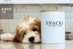 Metal Pet Treat Container Dog Treat Canister White Dog and Cat Treat Container with Easy to Open Bamboo Lid