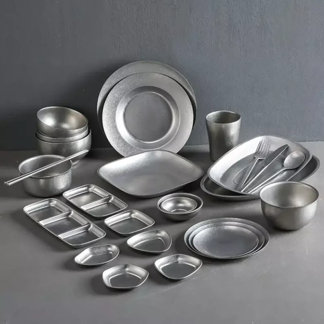 复古304不锈钢餐盘、碗、盘子、雪花西式餐盘、商用野餐桌具